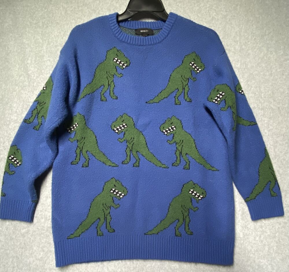 Forever 21 Blue Green Dinosaur T-Rex Graphic Knit Sweater Womens Sz 1X